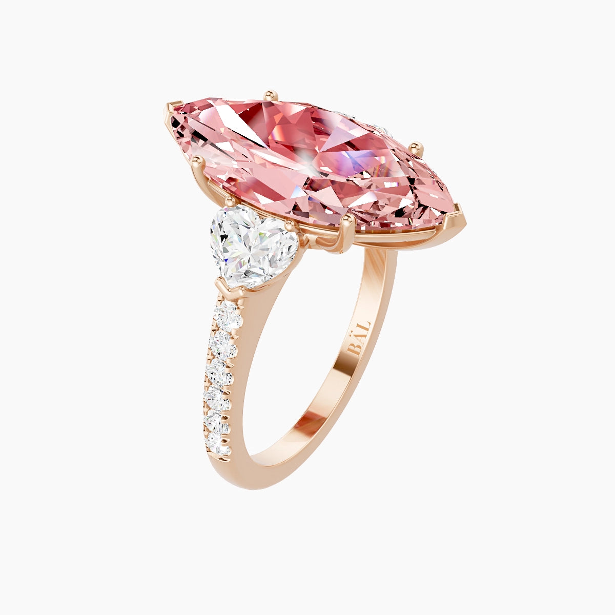 Classic Heart Trilogy with Straight Shank | 18k Rose Gold 5 ct Marquise Pink Lab Diamond Ring
