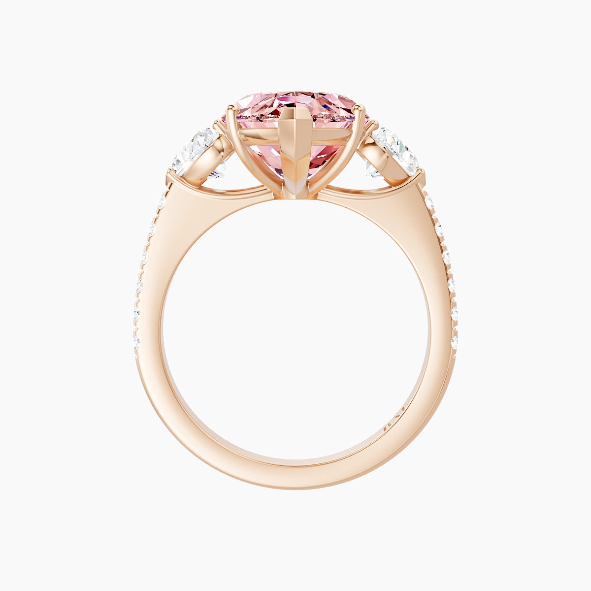 Classic Heart Trilogy with Straight Shank | 18k Rose Gold 5 ct Marquise Pink Lab Diamond Ring