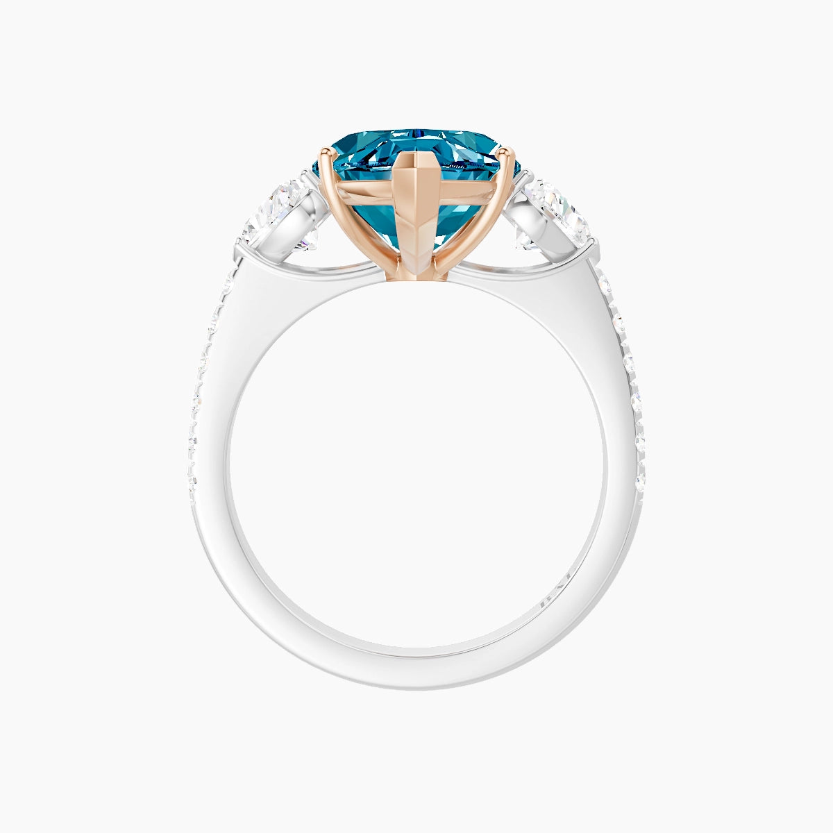 Classic Heart Trilogy with Straight Shank | 18k White & Rose Gold 5 ct Marquise Blue Lab Diamond Ring