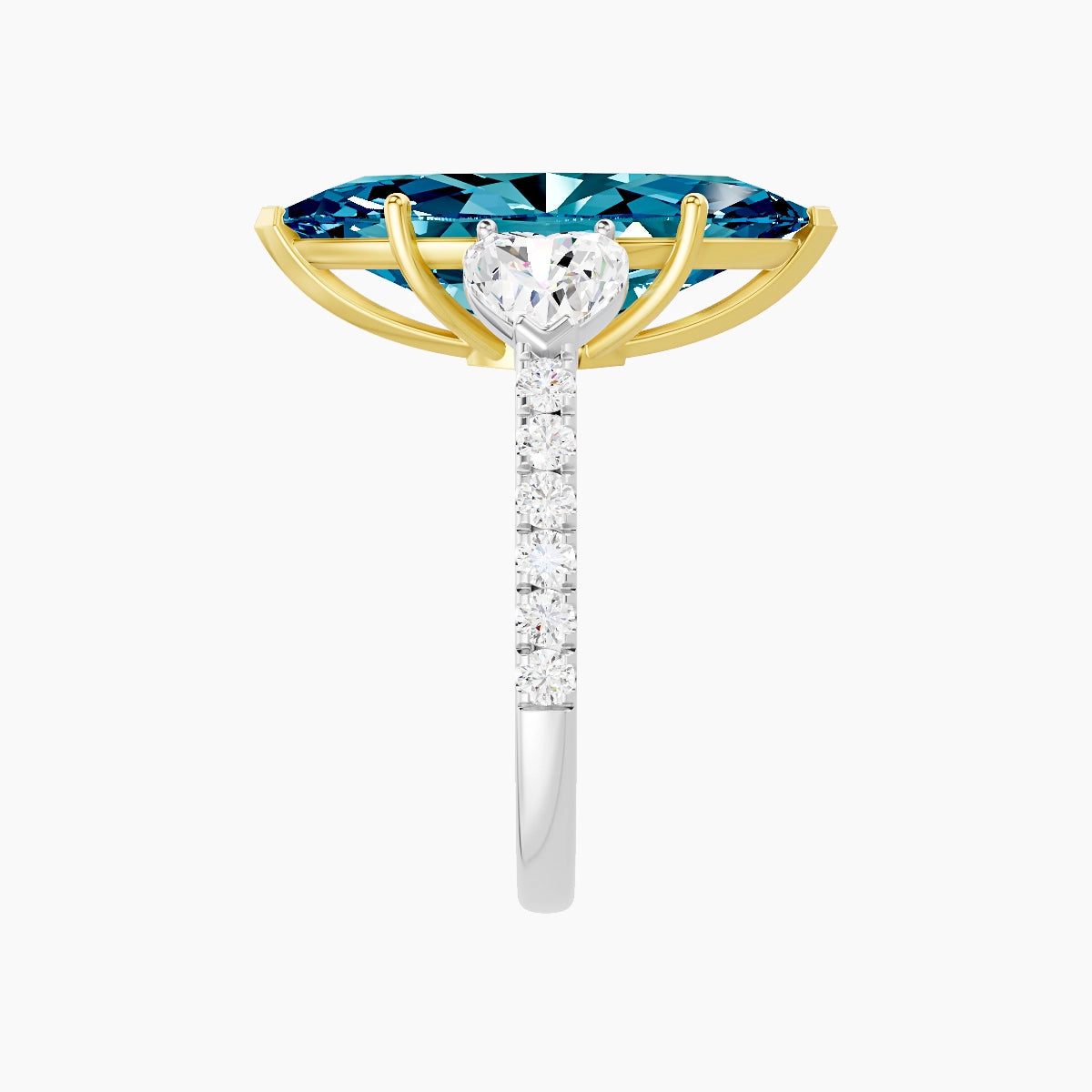 Classic Heart Trilogy with Straight Shank | 18k White & Yellow Gold 5 ct Marquise Blue Lab Diamond Ring