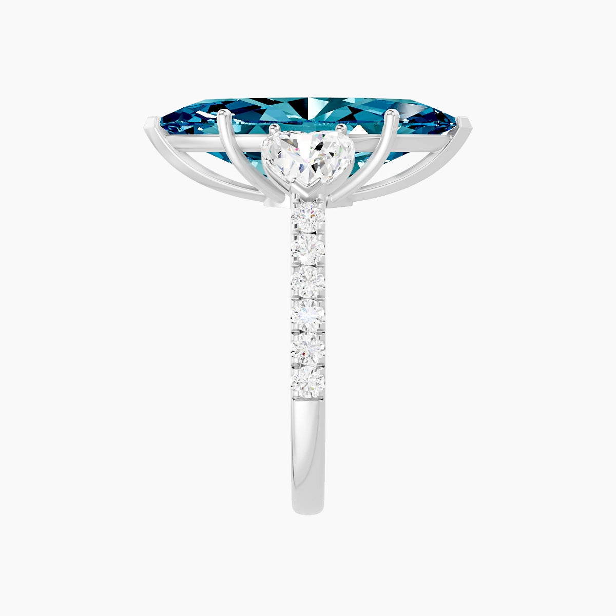 Classic Heart Trilogy with Straight Shank | 18k White Gold 5 ct Marquise Blue Lab Diamond Ring