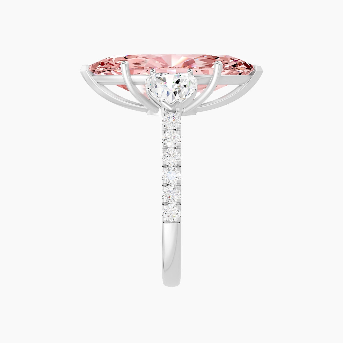 Classic Heart Trilogy with Straight Shank | 18k White Gold 5 ct Marquise Pink Lab Diamond Ring