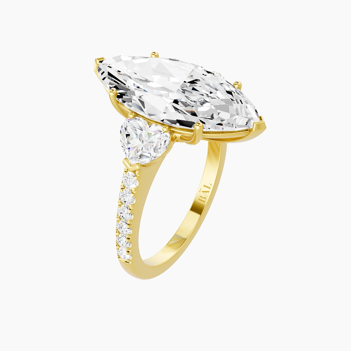 Classic Heart Trilogy with Straight Shank | 18k Yellow Gold 5 ct Marquise White Lab Diamond Ring