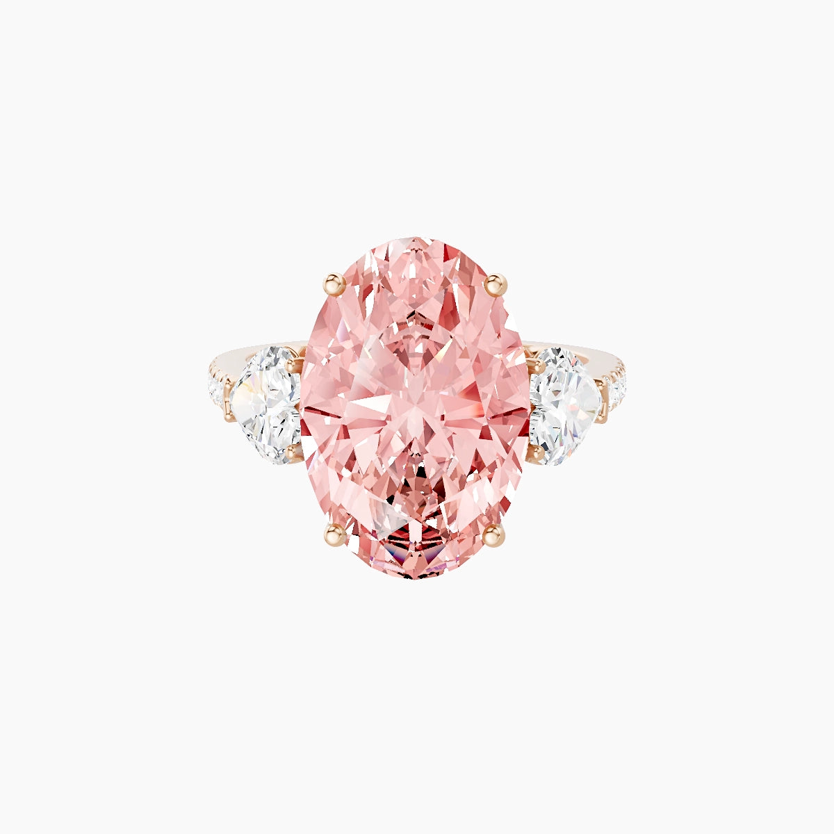 Classic Heart Trilogy with Straight Shank | 18k Rose Gold 5 ct Oval Pink Lab Diamond Ring