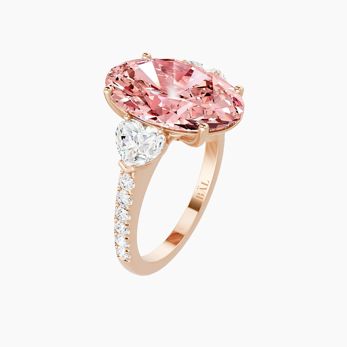 Classic Heart Trilogy with Straight Shank | 18k Rose Gold 5 ct Oval Pink Lab Diamond Ring