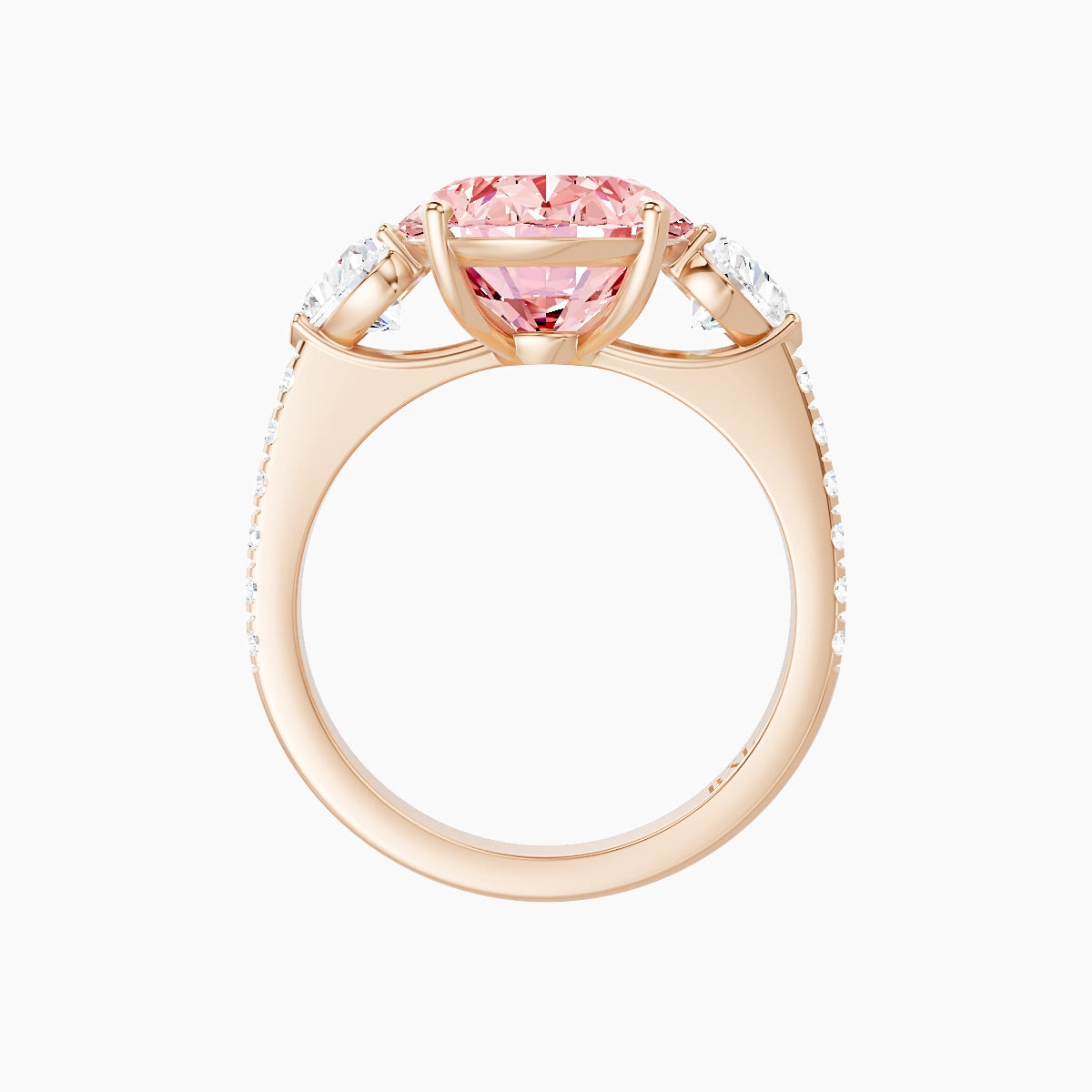 Classic Heart Trilogy with Straight Shank | 18k Rose Gold 5 ct Oval Pink Lab Diamond Ring