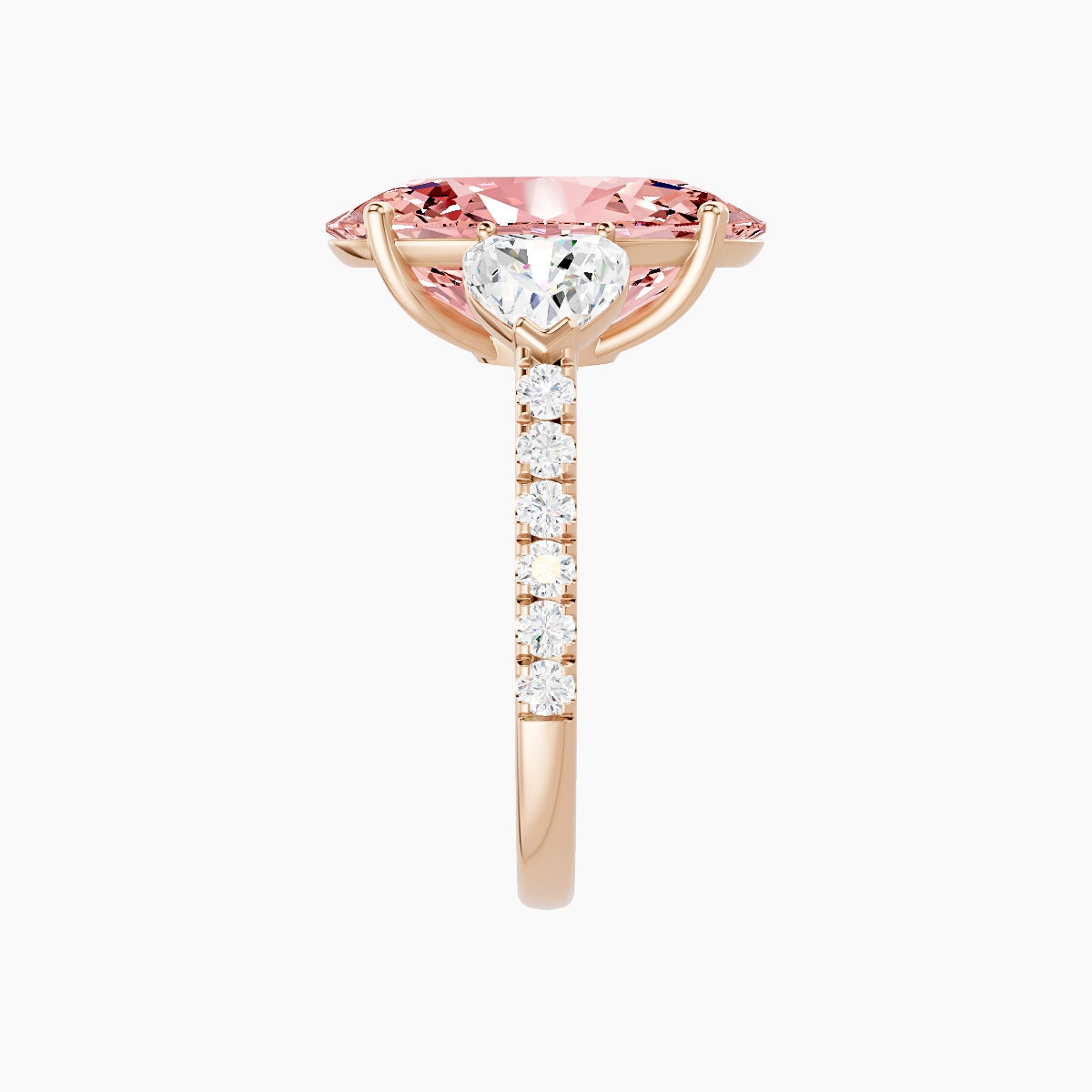 Classic Heart Trilogy with Straight Shank | 18k Rose Gold 5 ct Oval Pink Lab Diamond Ring