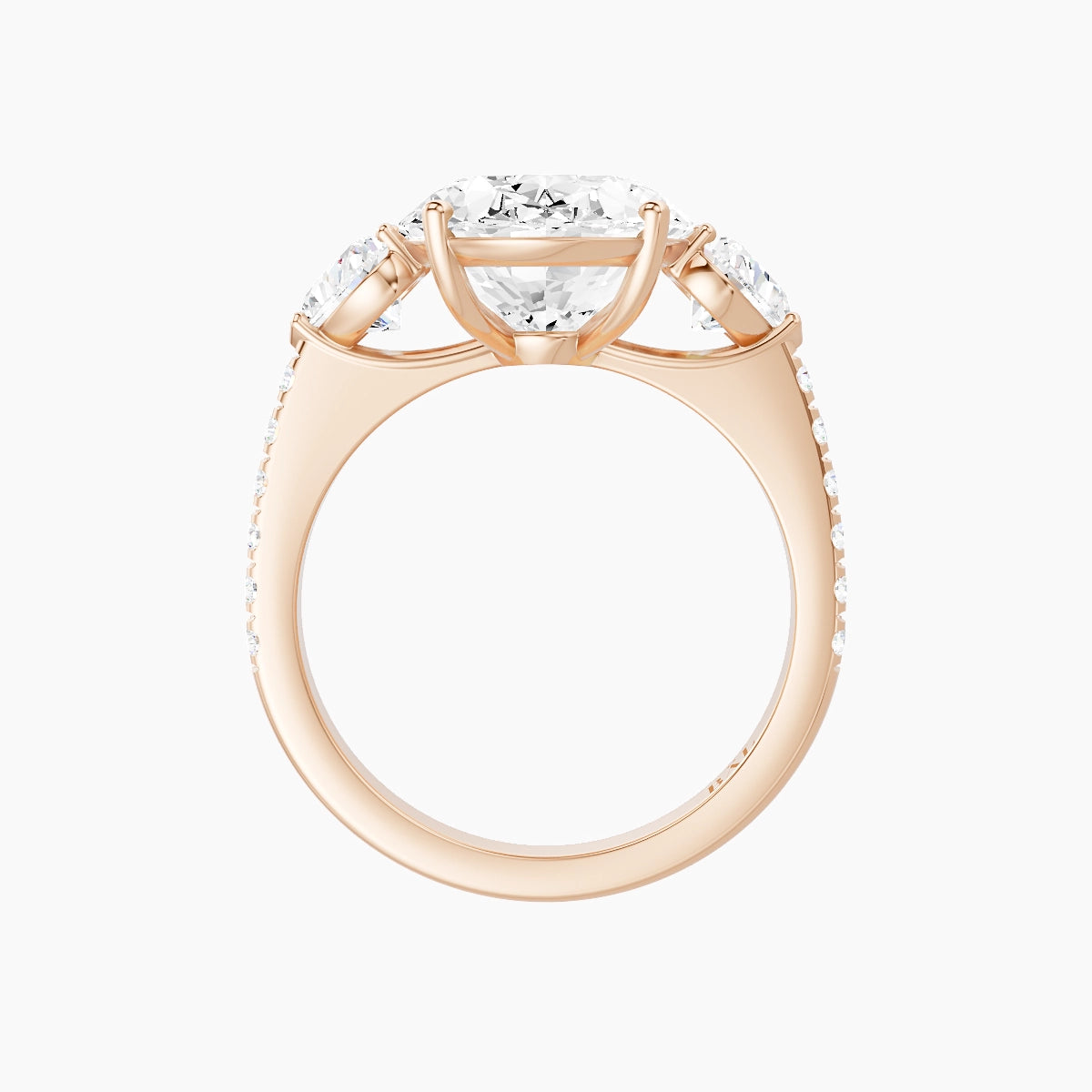 Classic Heart Trilogy with Straight Shank | 18k Rose Gold 5 ct Oval White Lab Diamond Ring