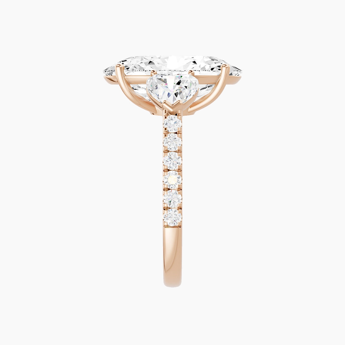 Classic Heart Trilogy with Straight Shank | 18k Rose Gold 5 ct Oval White Lab Diamond Ring