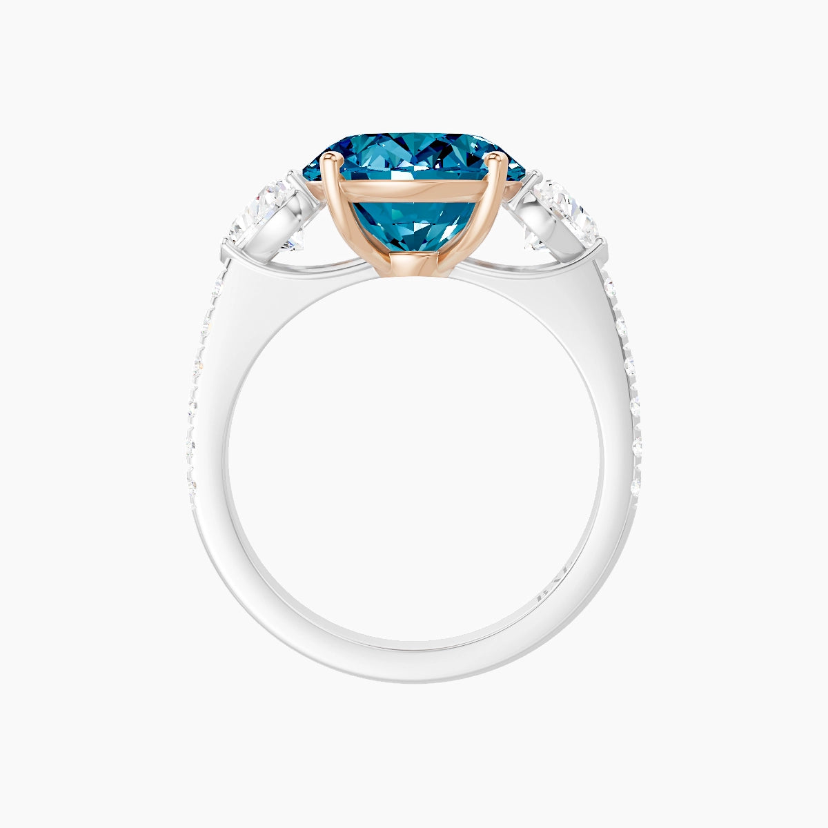 Classic Heart Trilogy with Straight Shank | 18k White & Rose Gold 5 ct Oval Blue Lab Diamond Ring