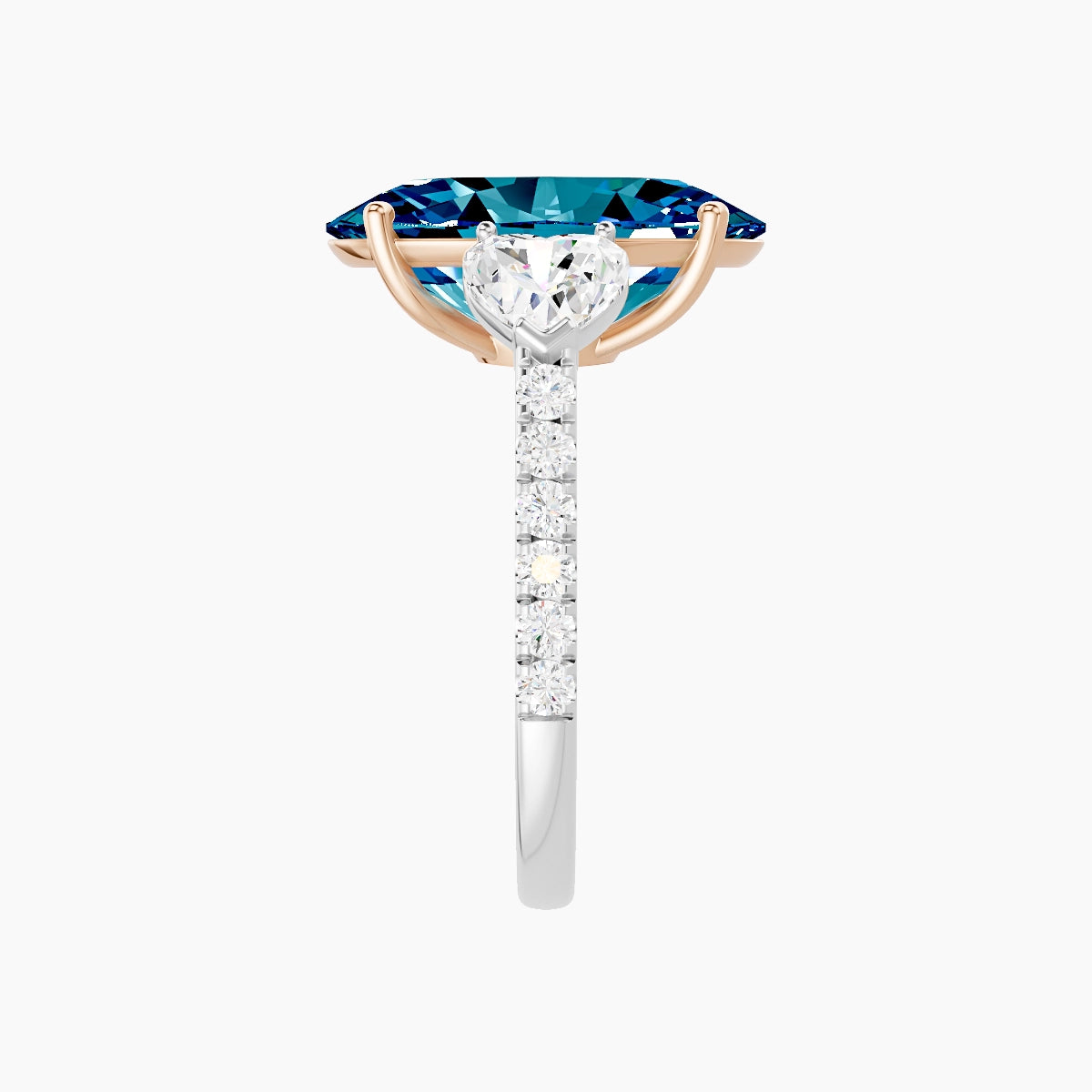 Classic Heart Trilogy with Straight Shank | 18k White & Rose Gold 5 ct Oval Blue Lab Diamond Ring