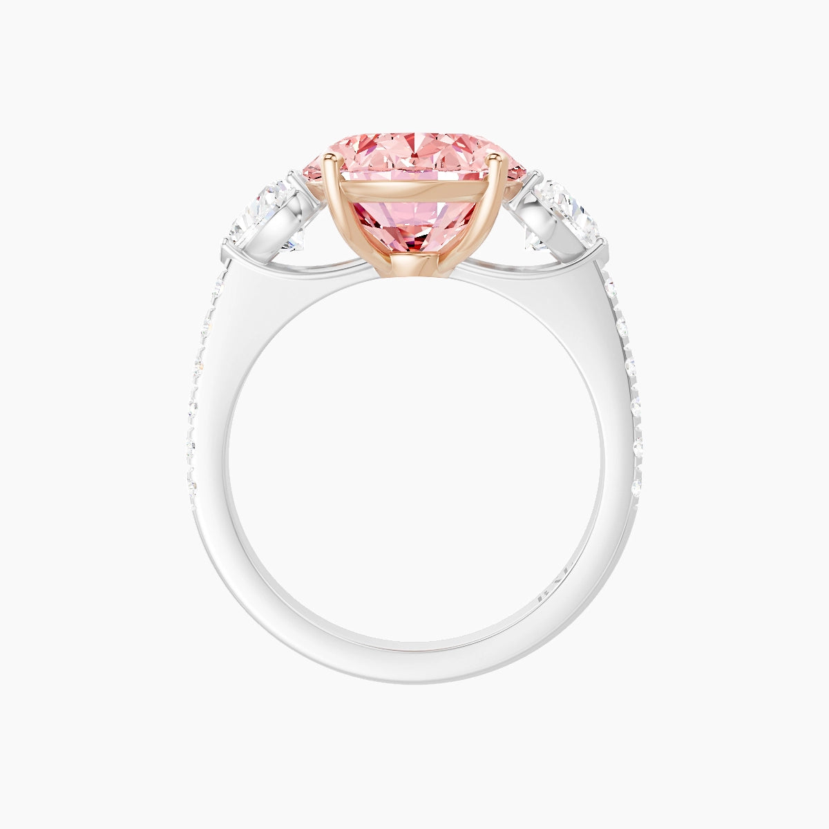 Classic Heart Trilogy with Straight Shank | 18k White & Rose Gold 5 ct Oval Pink Lab Diamond Ring