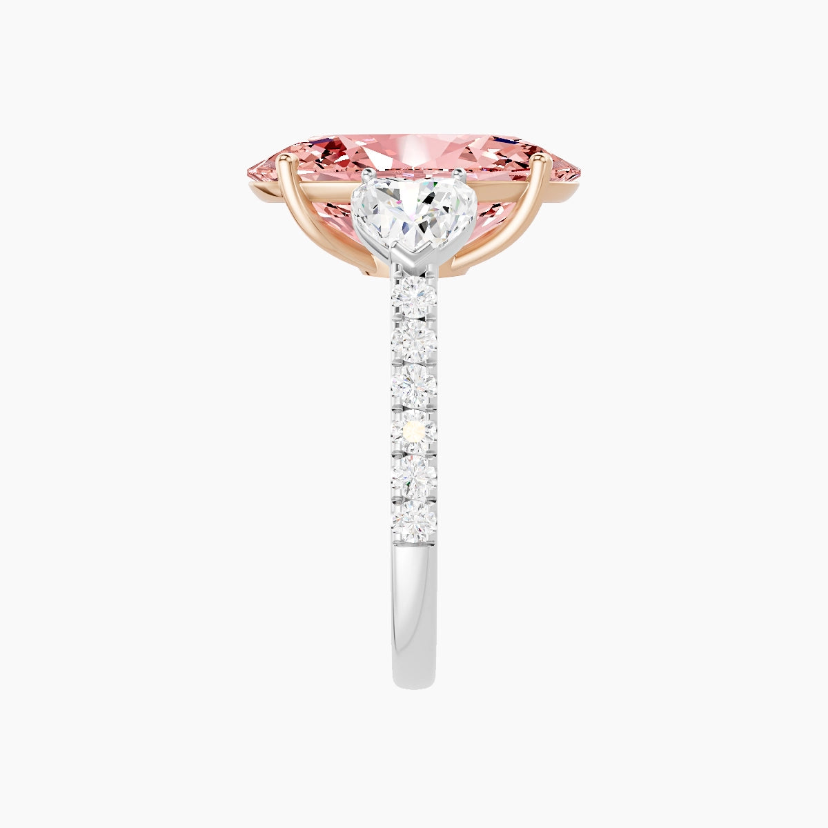 Classic Heart Trilogy with Straight Shank | 18k White & Rose Gold 5 ct Oval Pink Lab Diamond Ring
