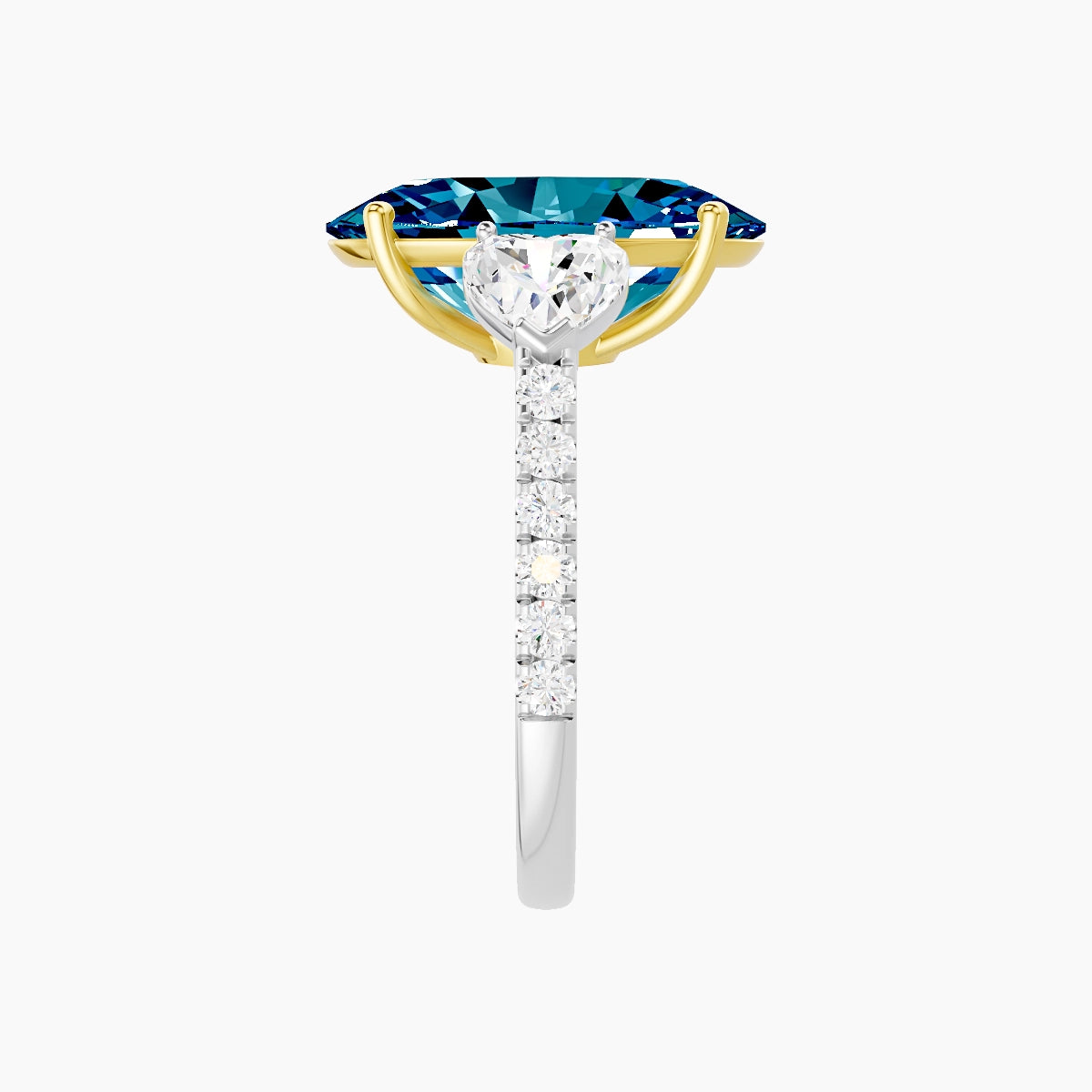 Classic Heart Trilogy with Straight Shank | 18k White & Yellow Gold 5 ct Oval Blue Lab Diamond Ring