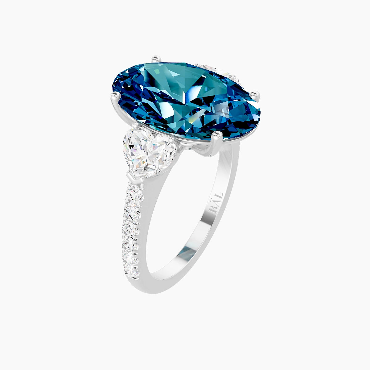 Classic Heart Trilogy with Straight Shank | 18k White Gold 5 ct Oval Blue Lab Diamond Ring