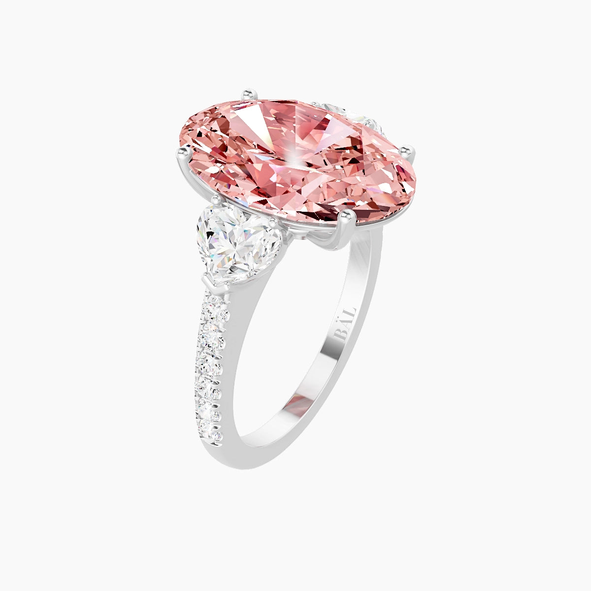 Classic Heart Trilogy with Straight Shank | 18k White Gold 5 ct Oval Pink Lab Diamond Ring