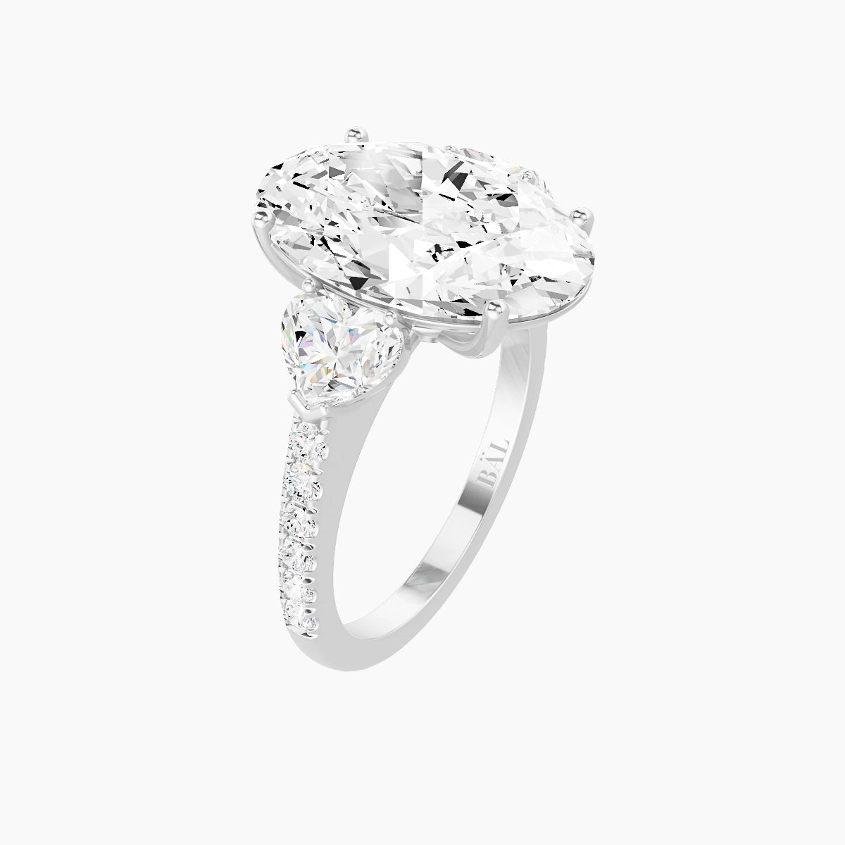 Classic Heart Trilogy with Straight Shank | 18k White Gold 5 ct Oval White Lab Diamond Ring