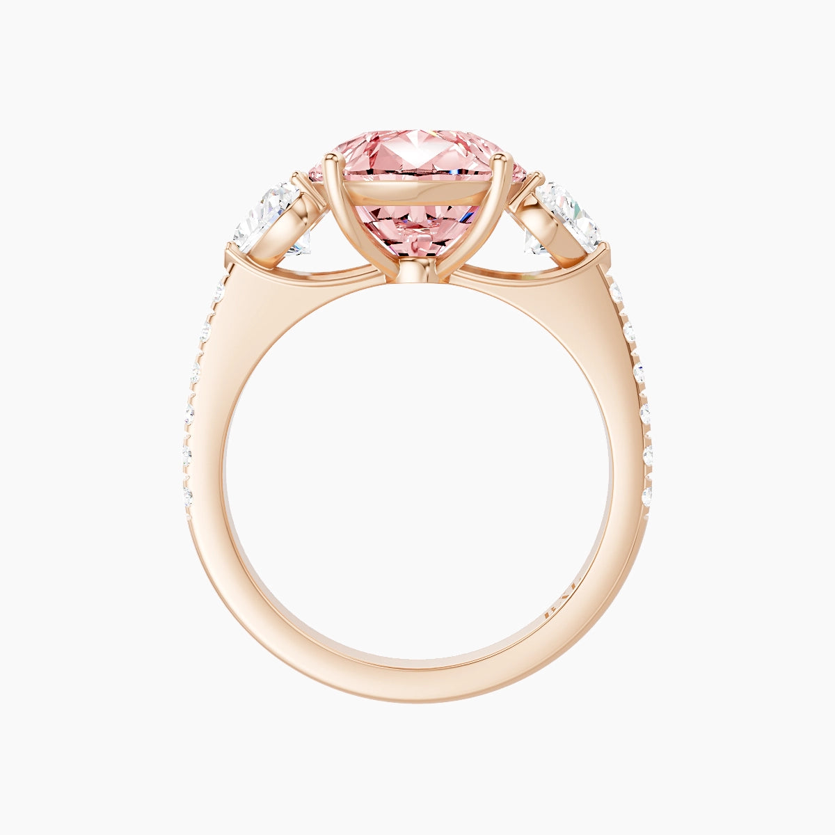 Classic Heart Trilogy with Straight Shank | 18k Rose Gold 5 ct Pear Pink Lab Diamond Ring