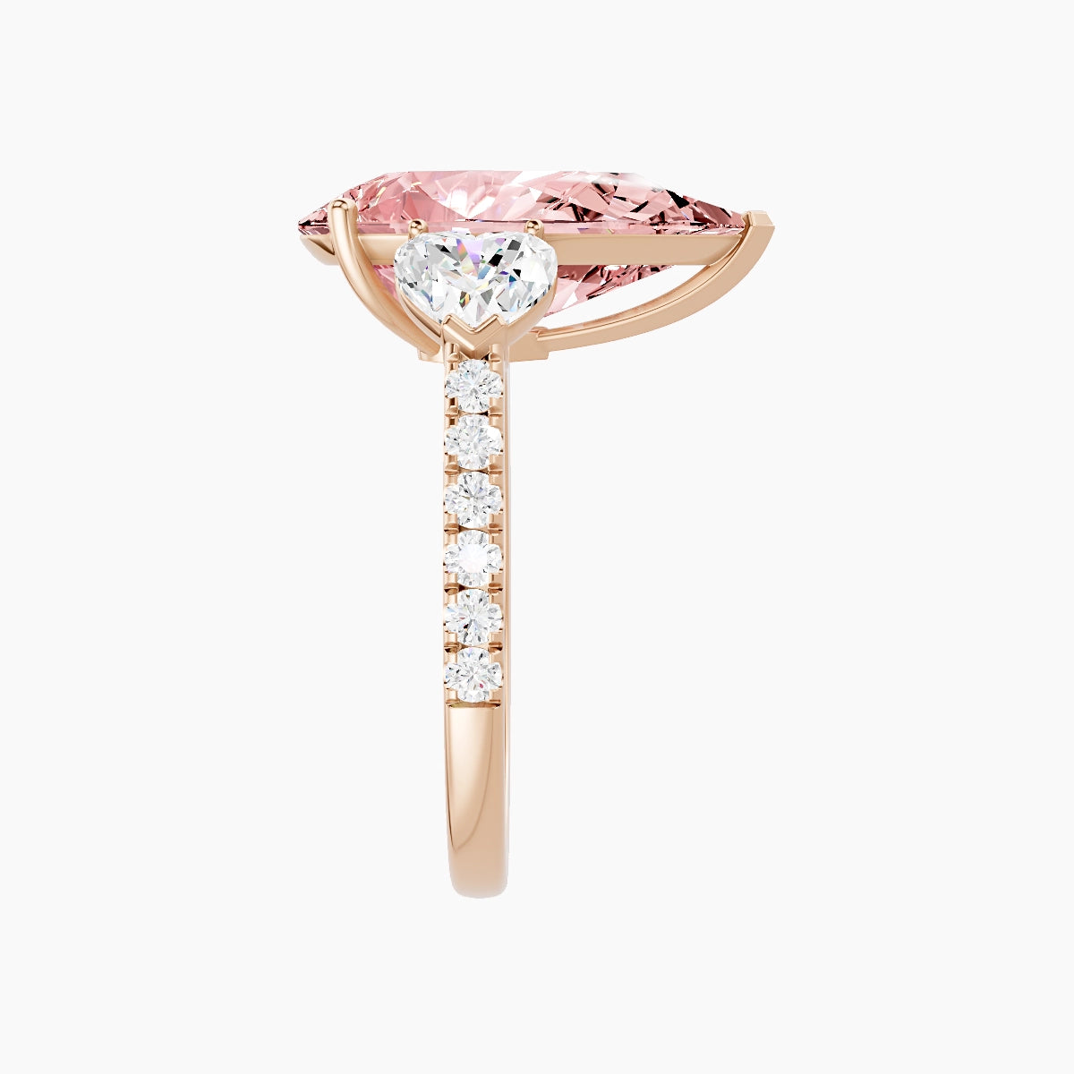 Classic Heart Trilogy with Straight Shank | 18k Rose Gold 5 ct Pear Pink Lab Diamond Ring