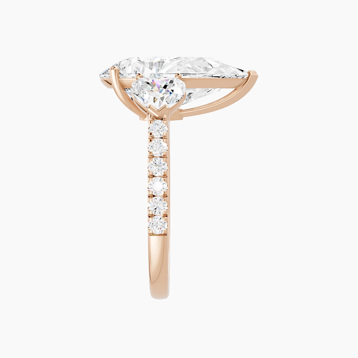 Classic Heart Trilogy with Straight Shank | 18k Rose Gold 5 ct Pear White Lab Diamond Ring
