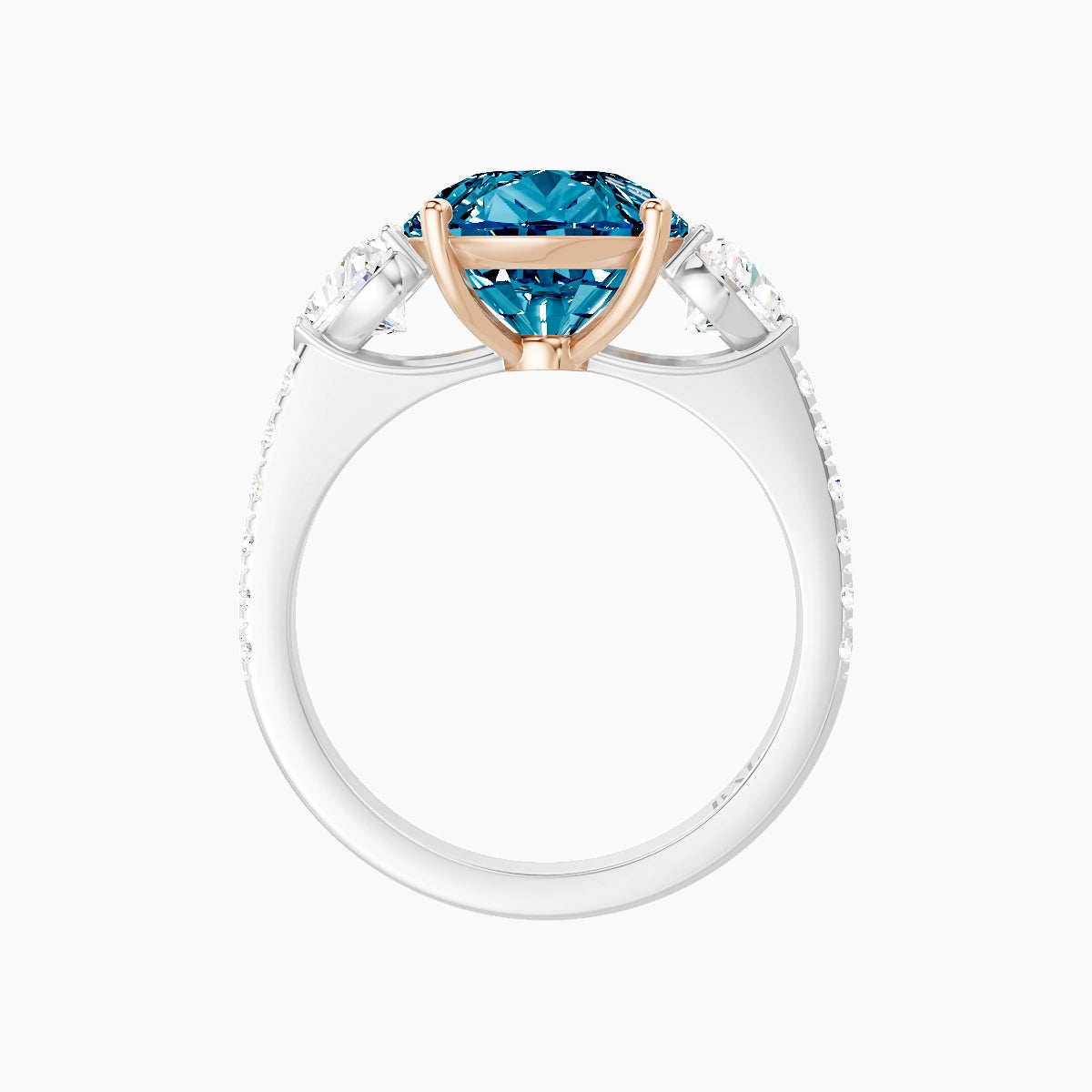 Classic Heart Trilogy with Straight Shank | 18k White & Rose Gold 5 ct Pear Blue Lab Diamond Ring