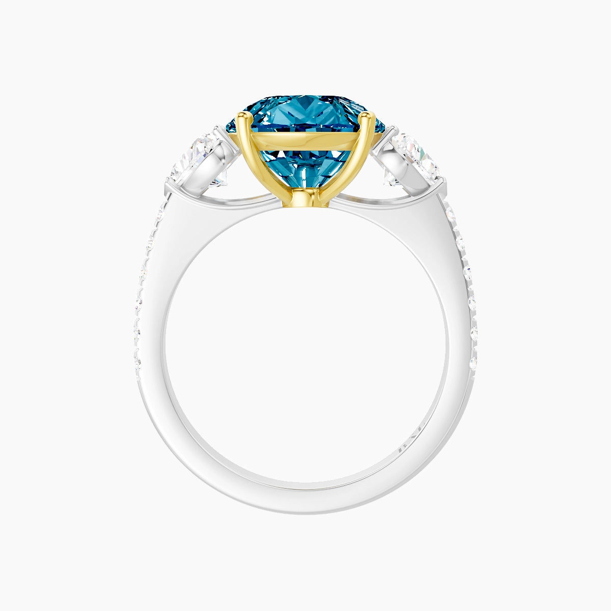 Classic Heart Trilogy with Straight Shank | 18k White & Yellow Gold 5 ct Pear Blue Lab Diamond Ring