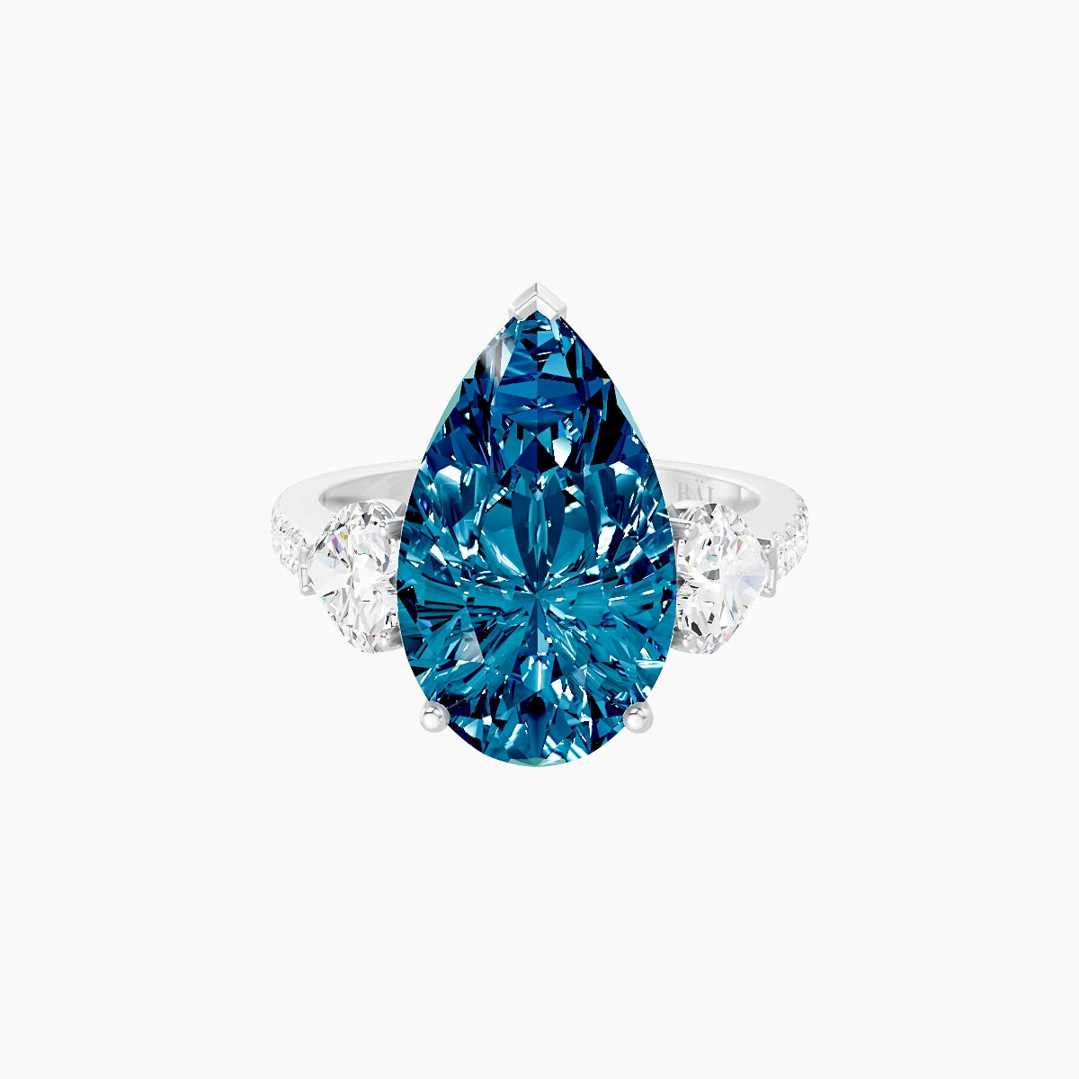 Classic Heart Trilogy with Straight Shank | 18k White Gold 5 ct Pear Blue Lab Diamond Ring