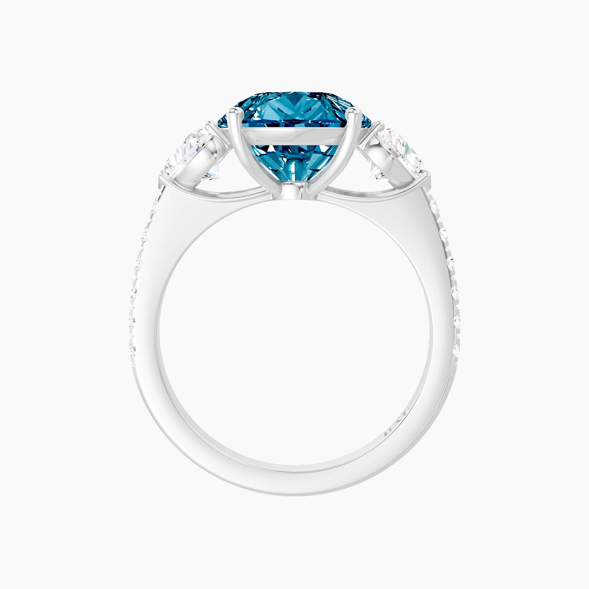 Classic Heart Trilogy with Straight Shank | 18k White Gold 5 ct Pear Blue Lab Diamond Ring