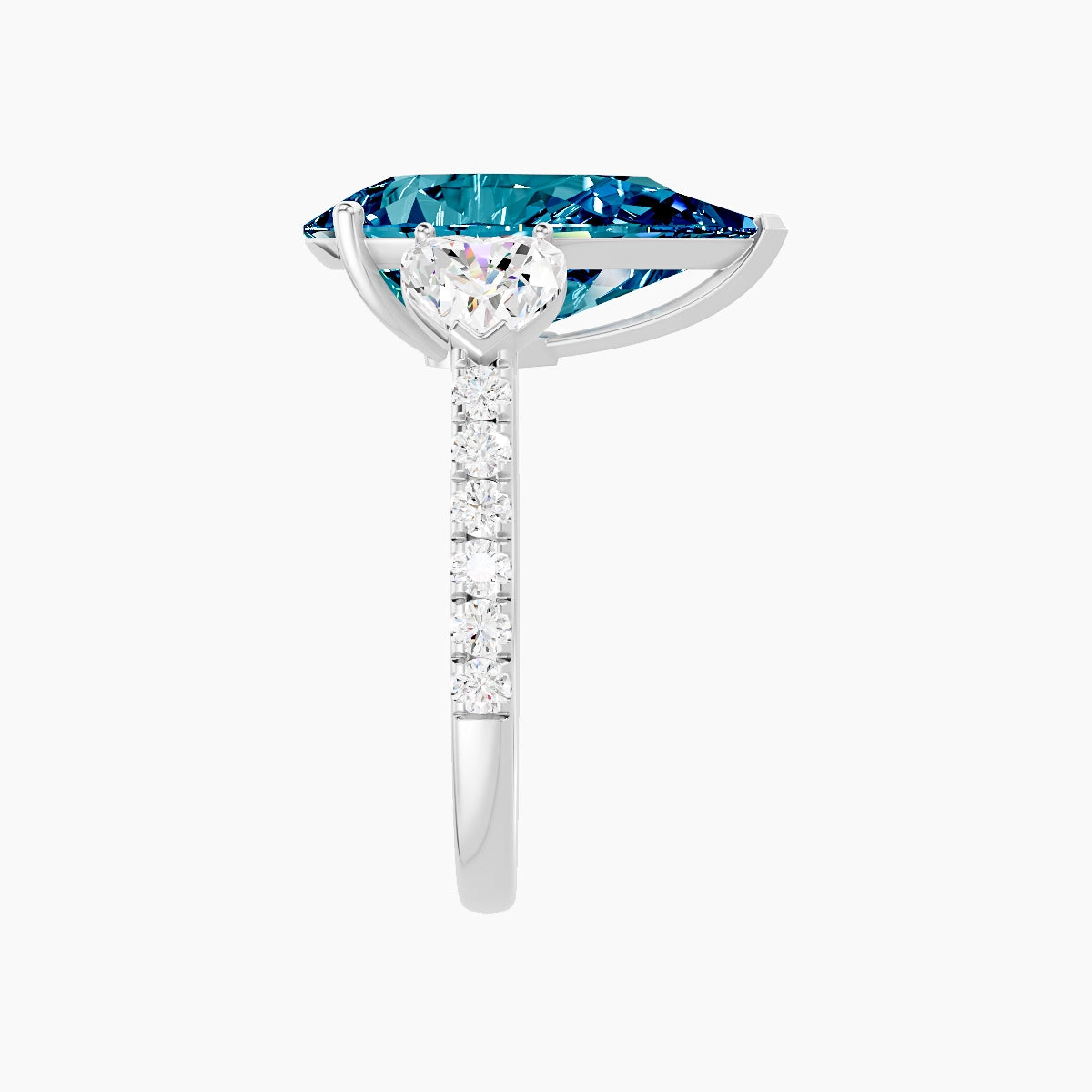 Classic Heart Trilogy with Straight Shank | 18k White Gold 5 ct Pear Blue Lab Diamond Ring
