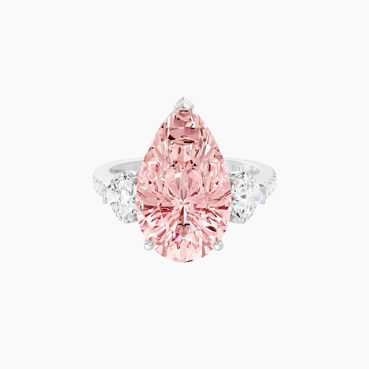 Classic Heart Trilogy with Straight Shank | 18k White Gold 5 ct Pear Pink Lab Diamond Ring