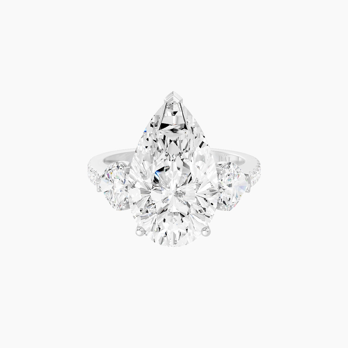 Classic Heart Trilogy with Straight Shank | 18k White Gold 5 ct Pear White Lab Diamond Ring