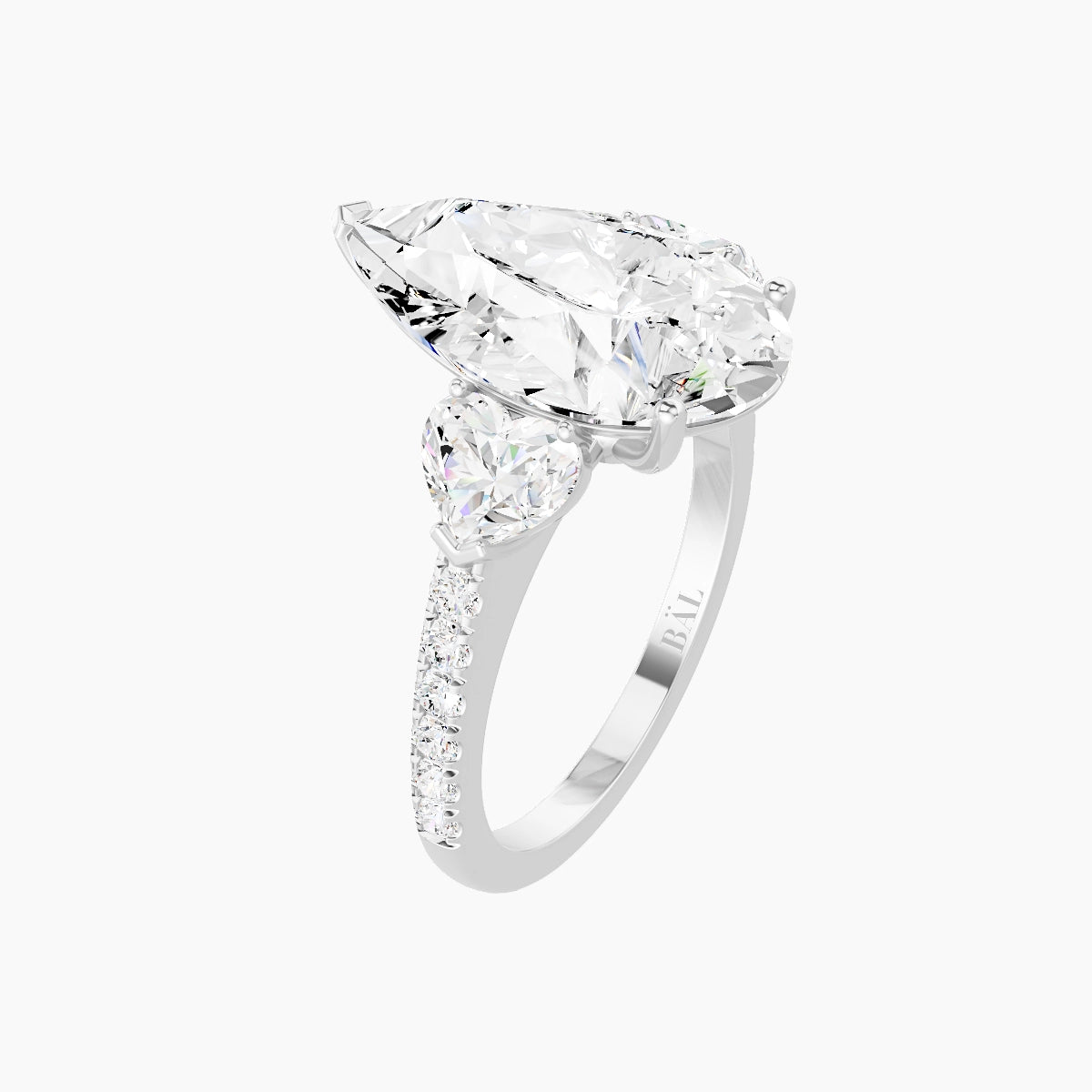 Classic Heart Trilogy with Straight Shank | 18k White Gold 5 ct Pear White Lab Diamond Ring