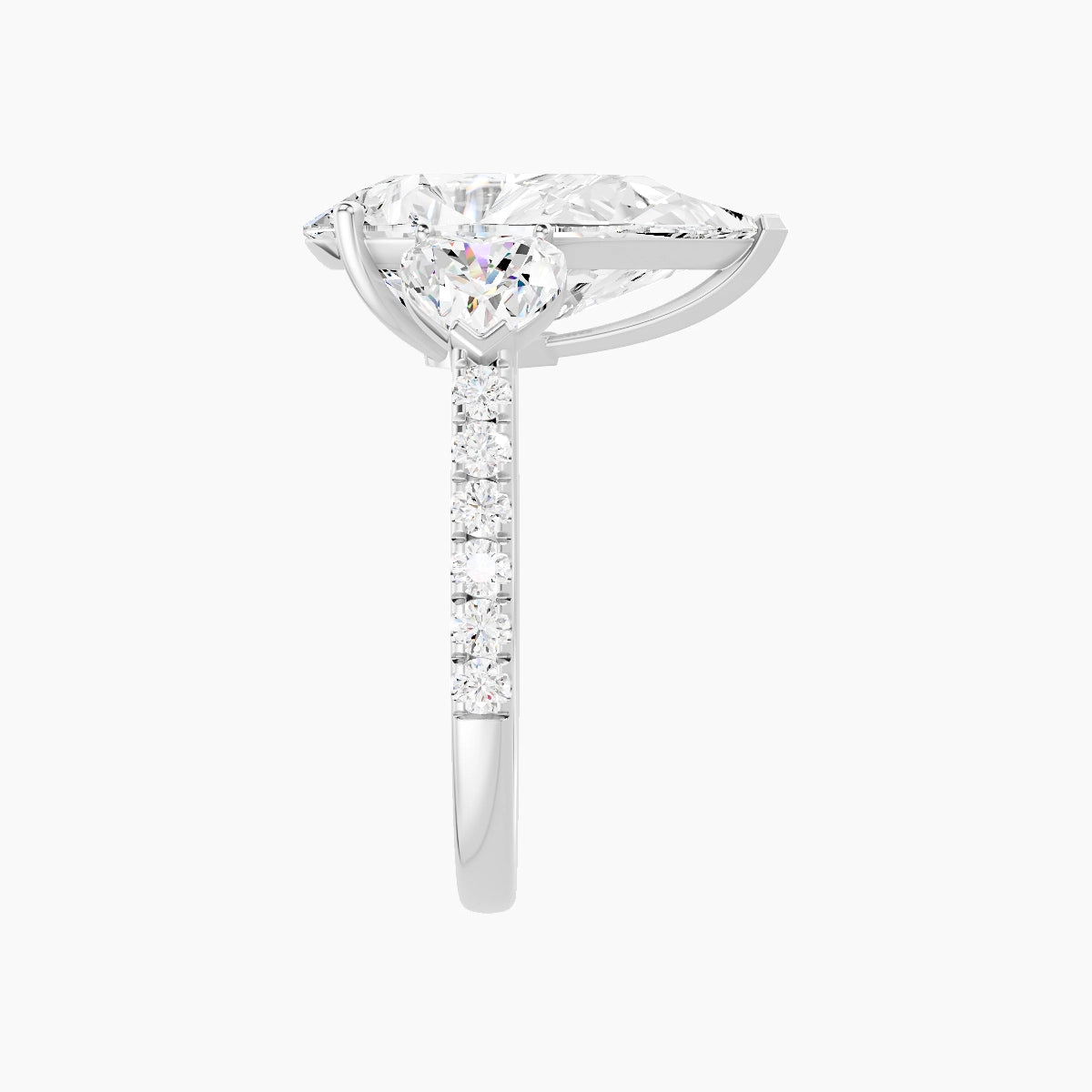 Classic Heart Trilogy with Straight Shank | 18k White Gold 5 ct Pear White Lab Diamond Ring