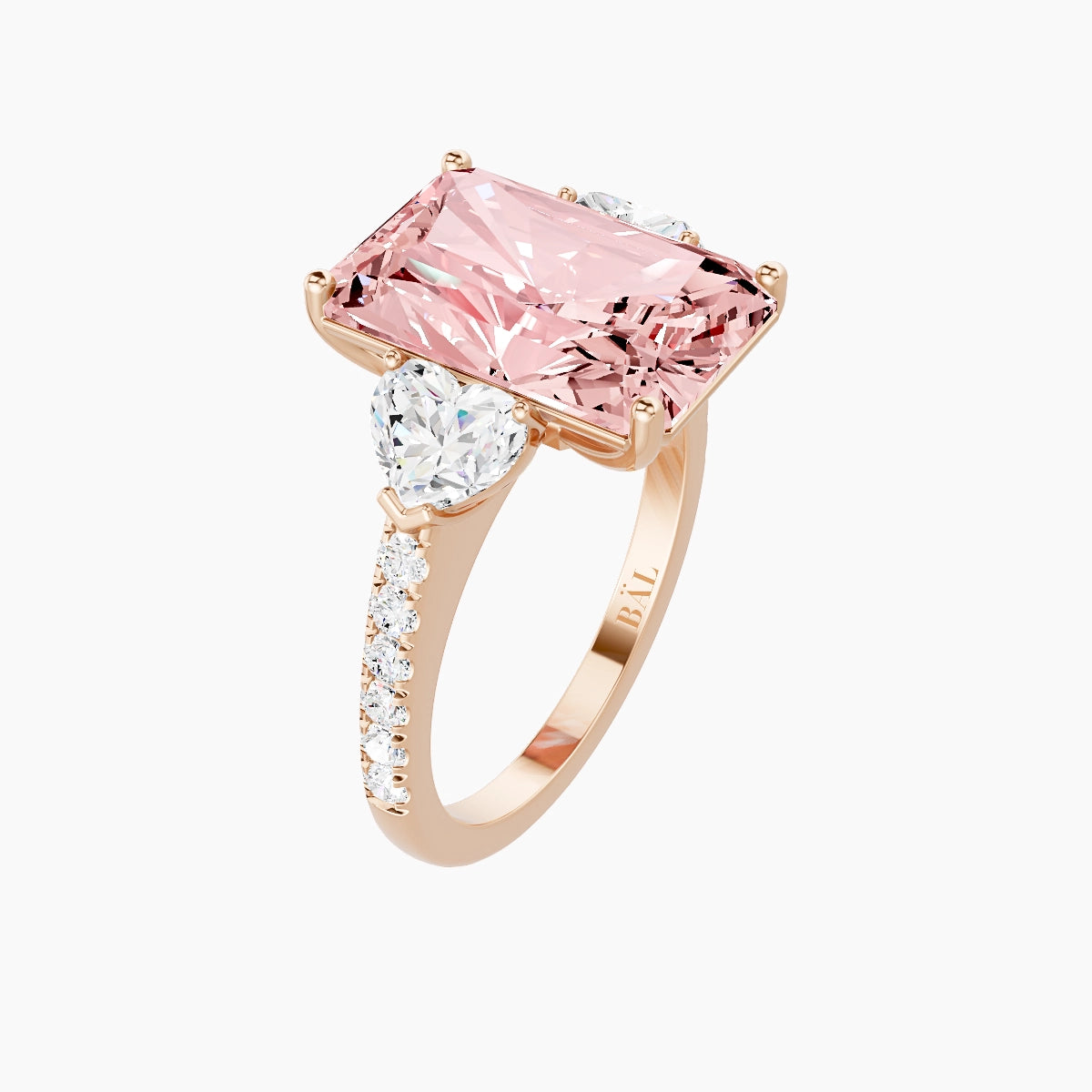 Classic Heart Trilogy with Straight Shank | 18k Rose Gold 5 ct Radiant Pink Lab Diamond Ring