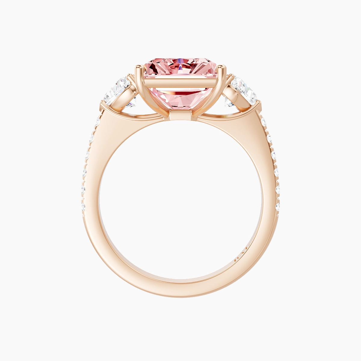 Classic Heart Trilogy with Straight Shank | 18k Rose Gold 5 ct Radiant Pink Lab Diamond Ring