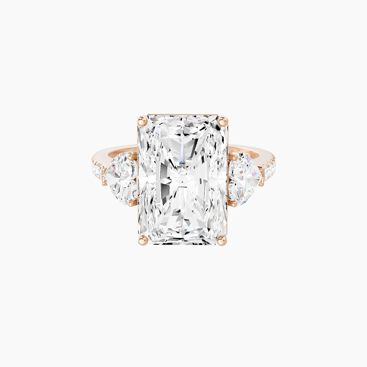 Classic Heart Trilogy with Straight Shank | 18k Rose Gold 5 ct Radiant White Lab Diamond Ring