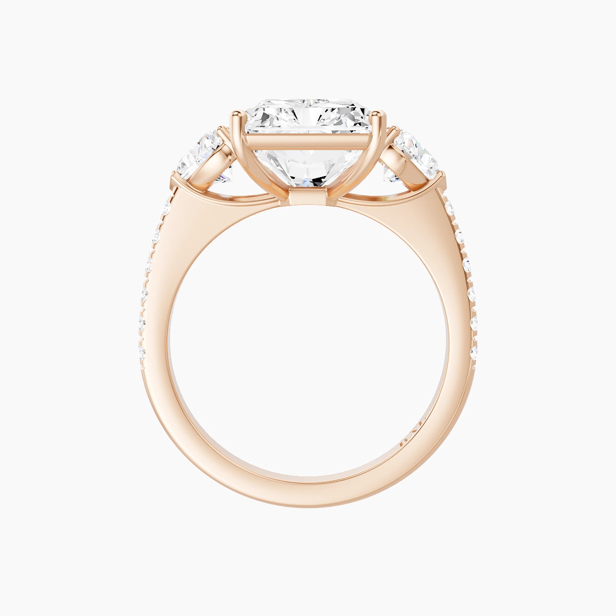 Classic Heart Trilogy with Straight Shank | 18k Rose Gold 5 ct Radiant White Lab Diamond Ring