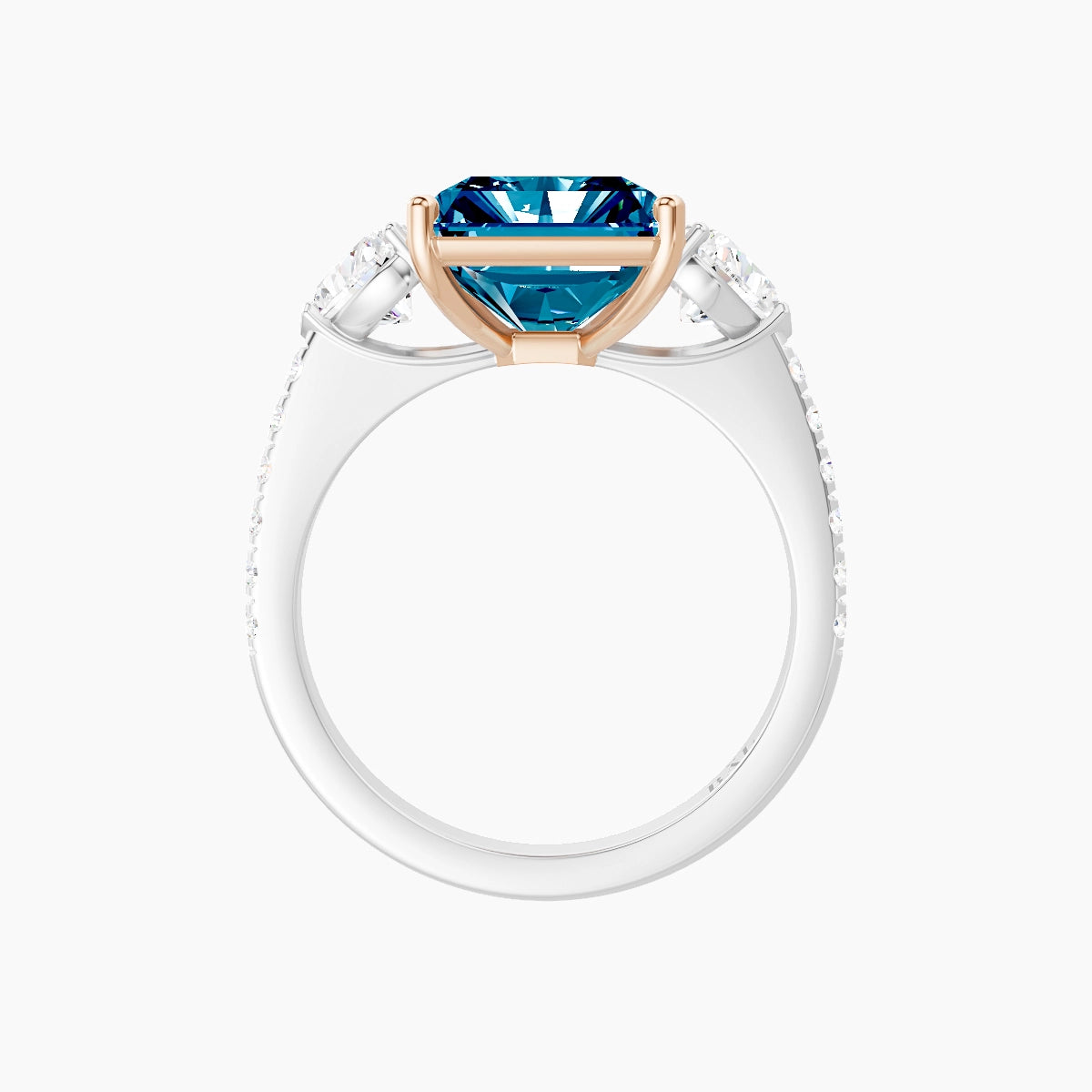 Classic Heart Trilogy with Straight Shank | 18k White & Rose Gold 5 ct Radiant Blue Lab Diamond Ring