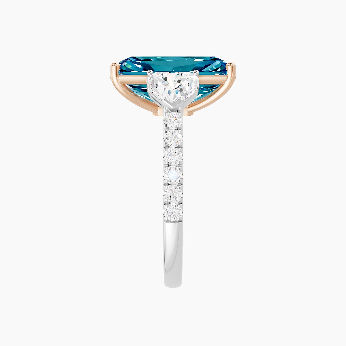 Classic Heart Trilogy with Straight Shank | 18k White & Rose Gold 5 ct Radiant Blue Lab Diamond Ring