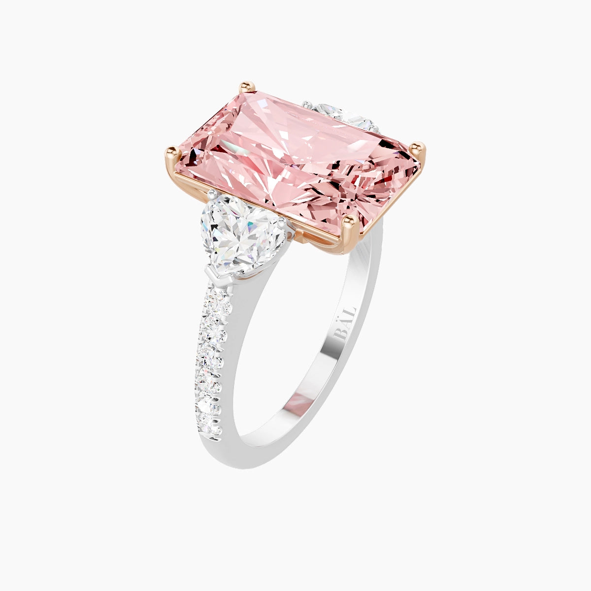 Classic Heart Trilogy with Straight Shank | 18k White & Rose Gold 5 ct Radiant Pink Lab Diamond Ring
