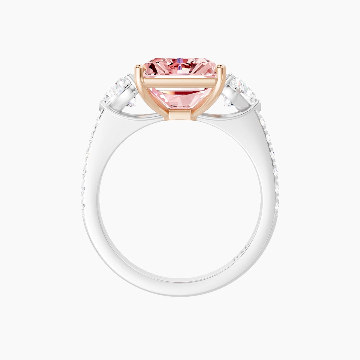 Classic Heart Trilogy with Straight Shank | 18k White & Rose Gold 5 ct Radiant Pink Lab Diamond Ring