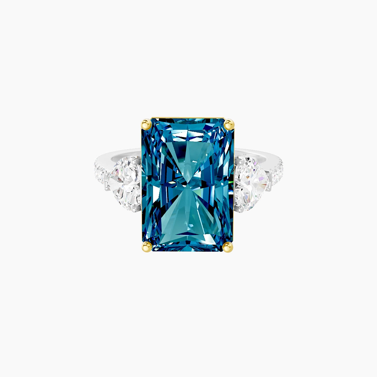 Classic Heart Trilogy with Straight Shank | 18k White & Yellow Gold 5 ct Radiant Blue Lab Diamond Ring