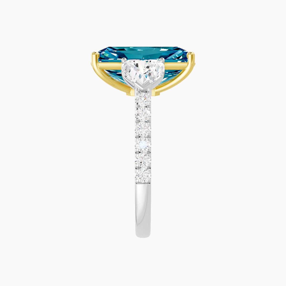 Classic Heart Trilogy with Straight Shank | 18k White & Yellow Gold 5 ct Radiant Blue Lab Diamond Ring