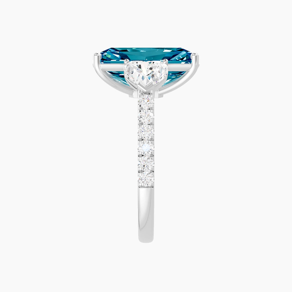 Classic Heart Trilogy with Straight Shank | 18k White Gold 5 ct Radiant Blue Lab Diamond Ring