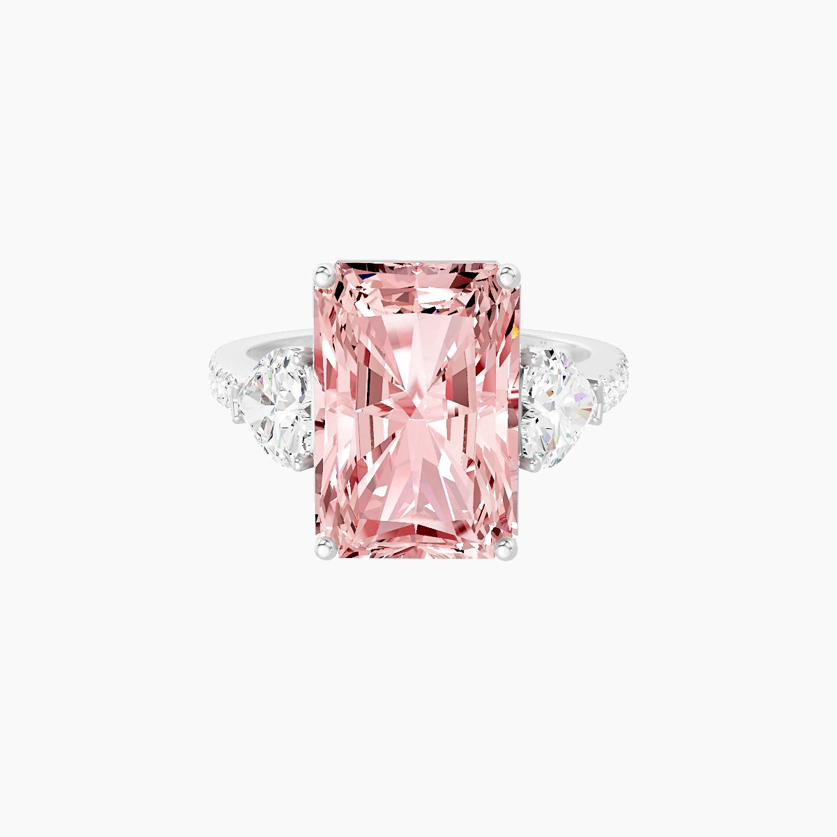 Classic Heart Trilogy with Straight Shank | 18k White Gold 5 ct Radiant Pink Lab Diamond Ring