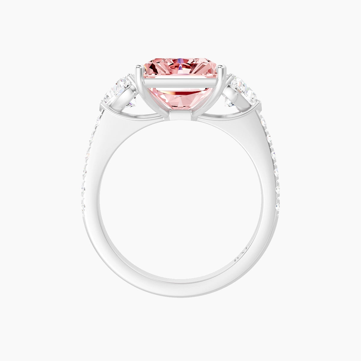 Classic Heart Trilogy with Straight Shank | 18k White Gold 5 ct Radiant Pink Lab Diamond Ring