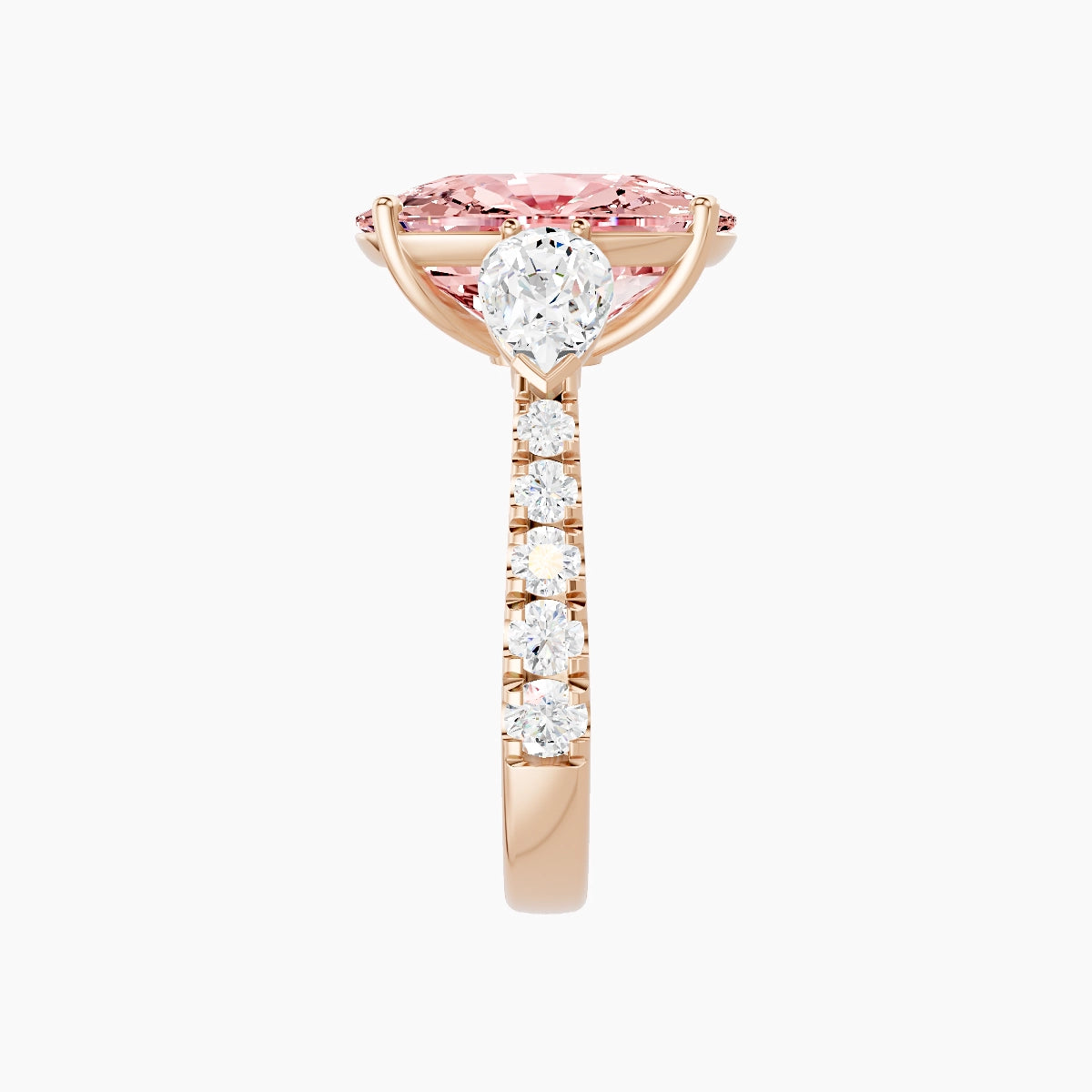 Classic Pear Trilogy with Reverse Shank | 18k Rose Gold 5 ct Cushion Pink Lab Diamond Ring