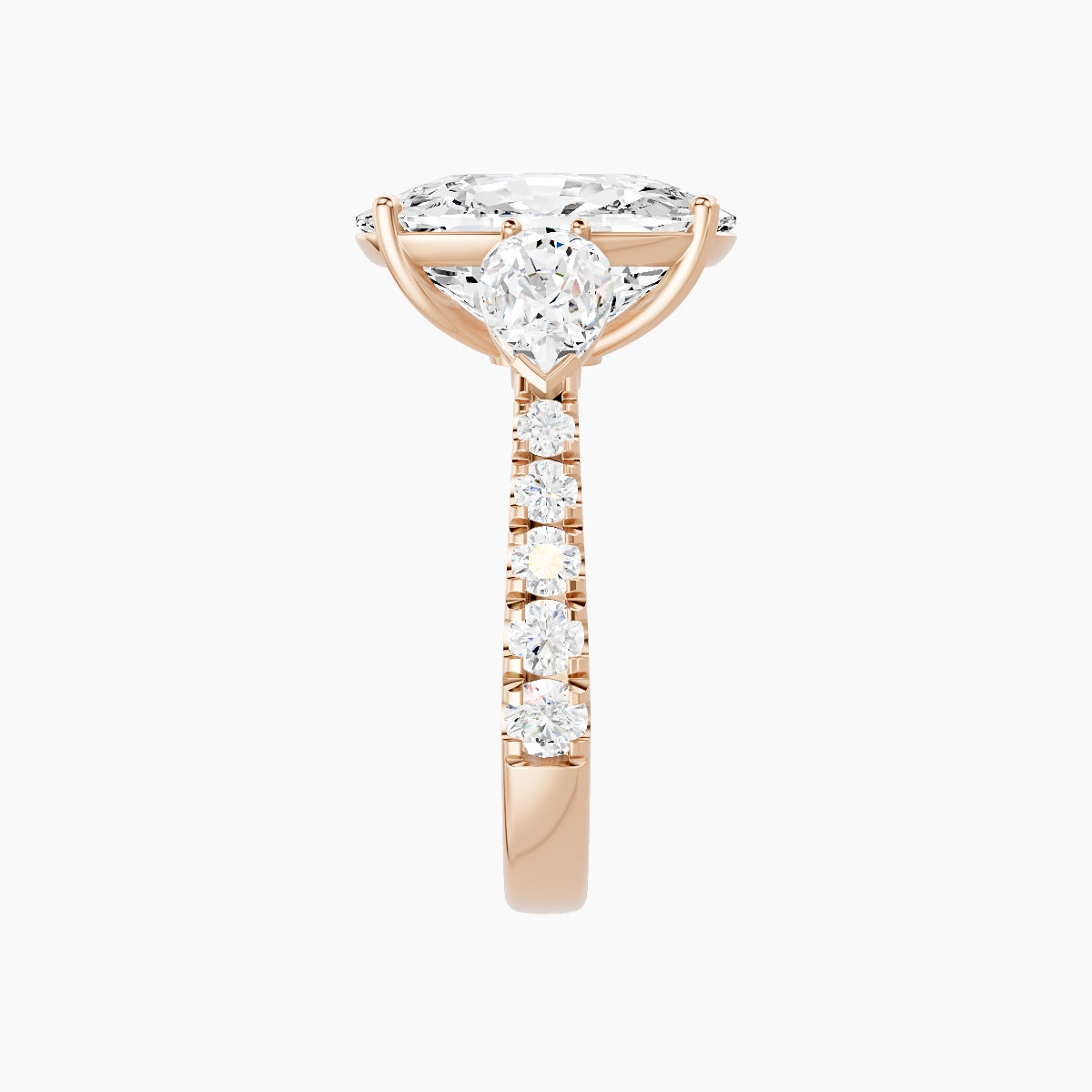 Classic Pear Trilogy with Reverse Shank | 18k Rose Gold 5 ct Cushion White Lab Diamond Ring