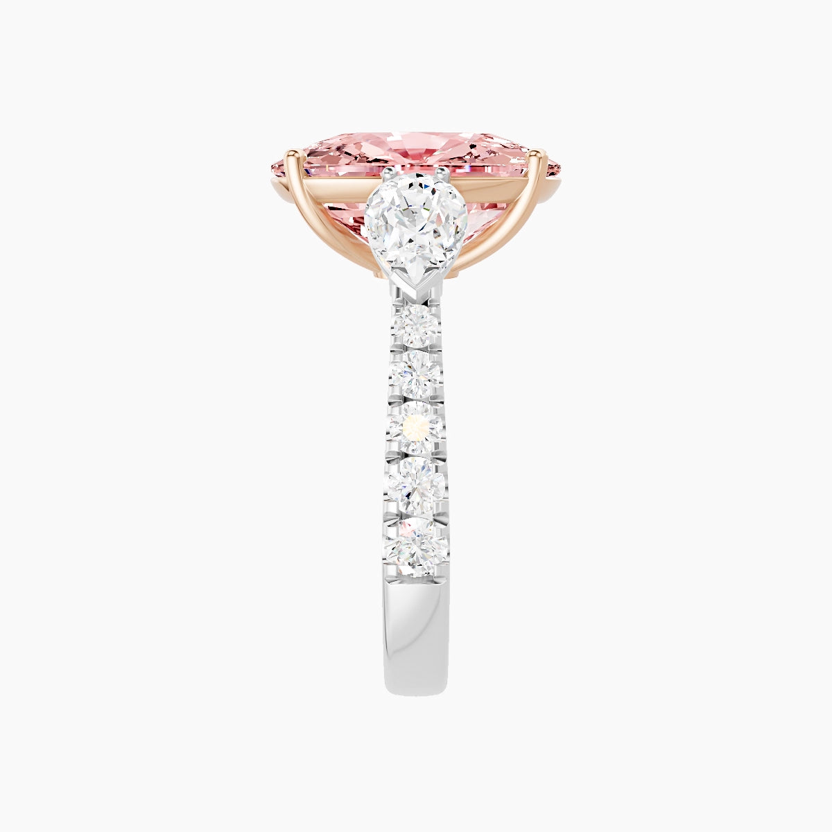 Classic Pear Trilogy with Reverse Shank | 18k White & Rose Gold 5 ct Cushion Pink Lab Diamond Ring