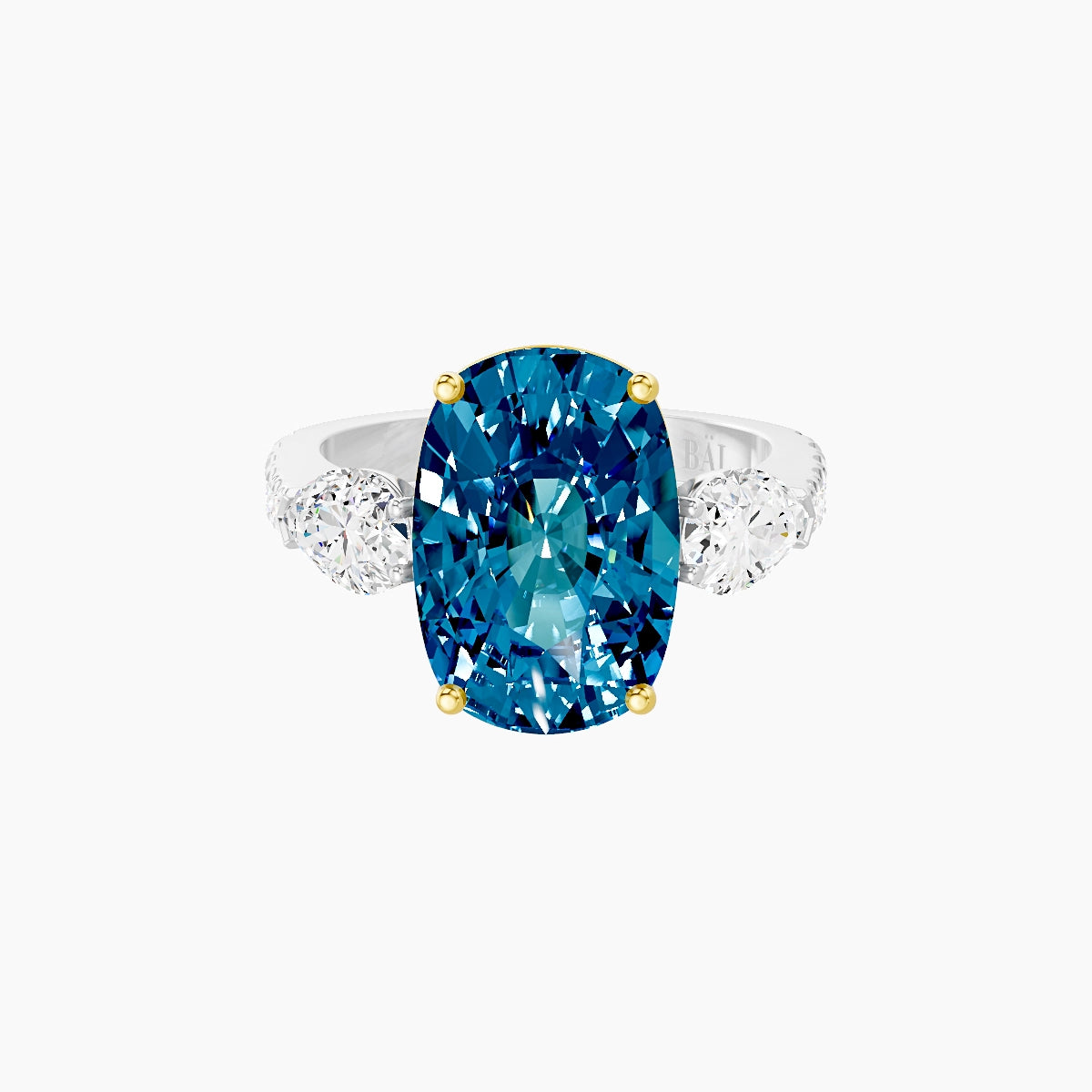Classic Pear Trilogy with Reverse Shank | 18k White & Yellow Gold 5 ct Cushion Blue Lab Diamond Ring